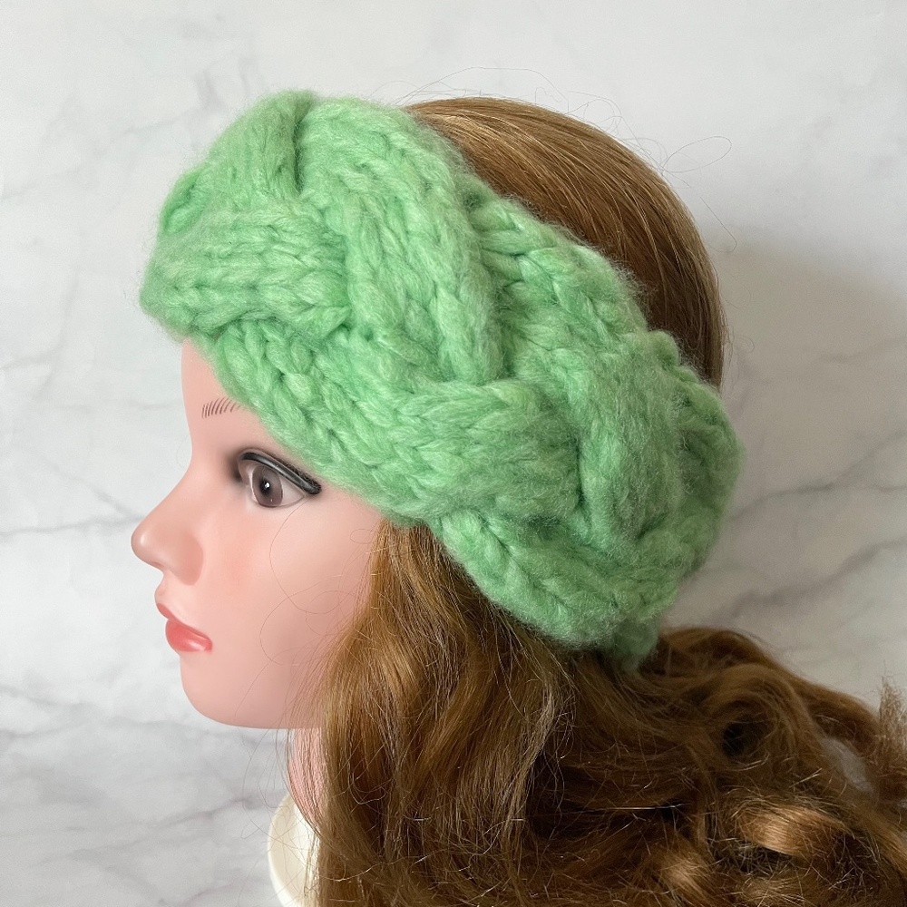 Kerchief, Hand Knit Green Headband, Cashmere Beanie Women Hat Winter Accessories